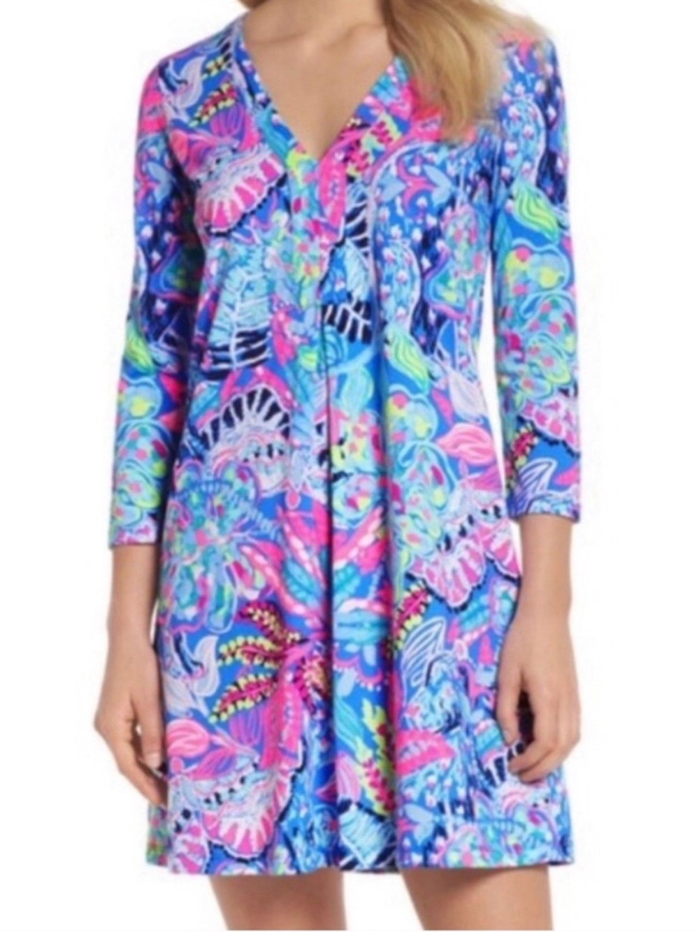 Lily Pulitzer Amina Fantasy Garden 3/4 Sleeve V Neck Mini Dress, XS